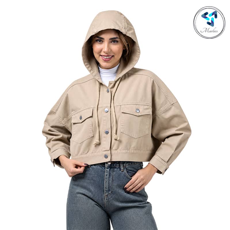 کراپ کت زنانه مارلیس کلاه دار برند رویال جین با جنس کتان