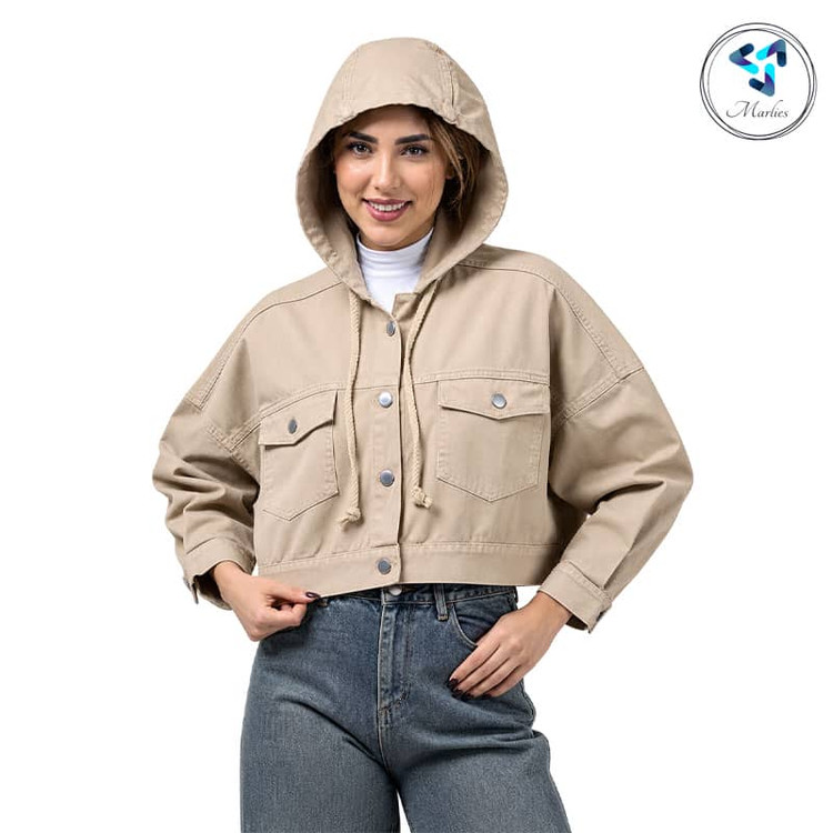 کراپ کت زنانه مارلیس کلاه دار برند رویال جین با جنس کتان